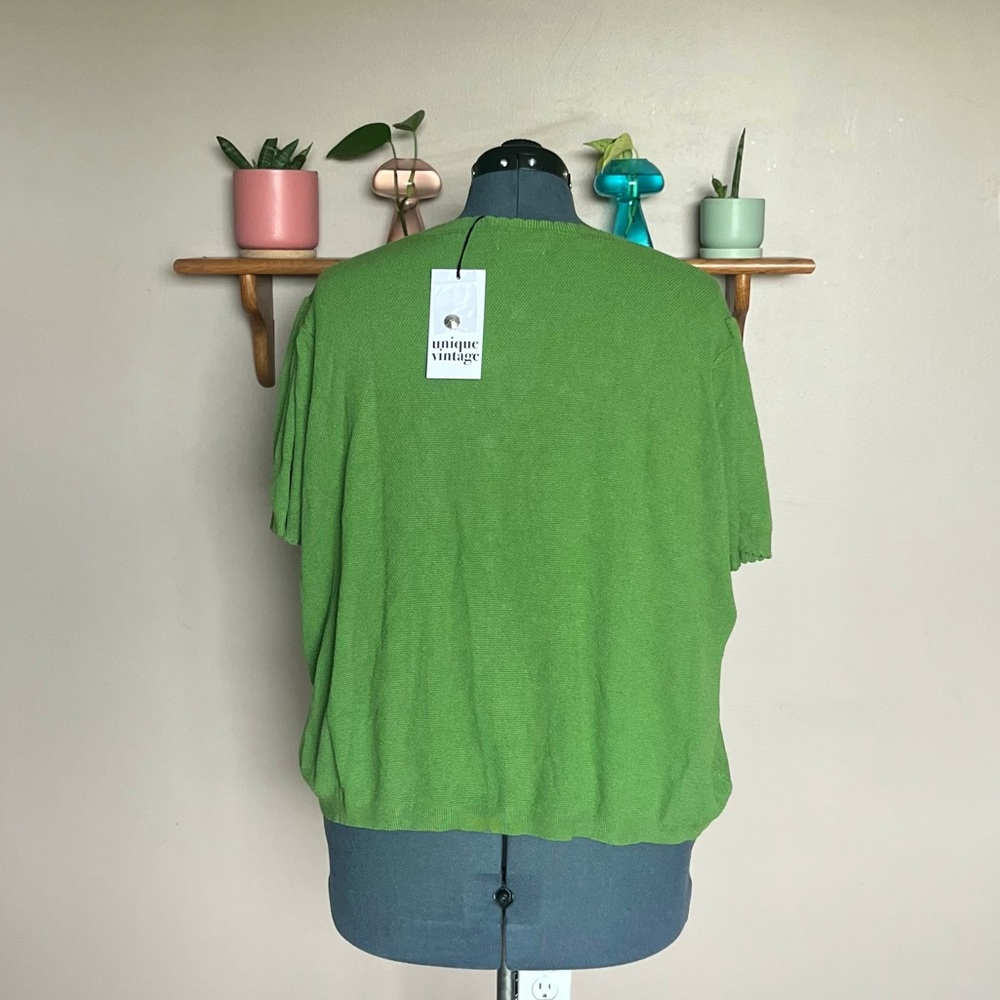 Unique Vintage Green Sweater w/ Jewel Buttons and Peach Embroidery - Picture 2 of 6